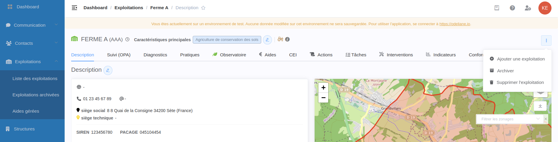 Bouton d'archivage d'une exploitation