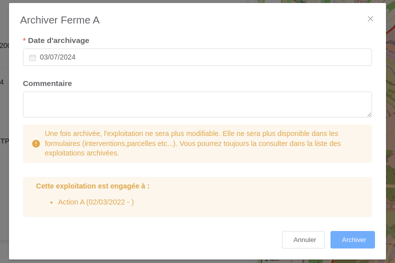 Formulaire d'archivage d'une exploitation
