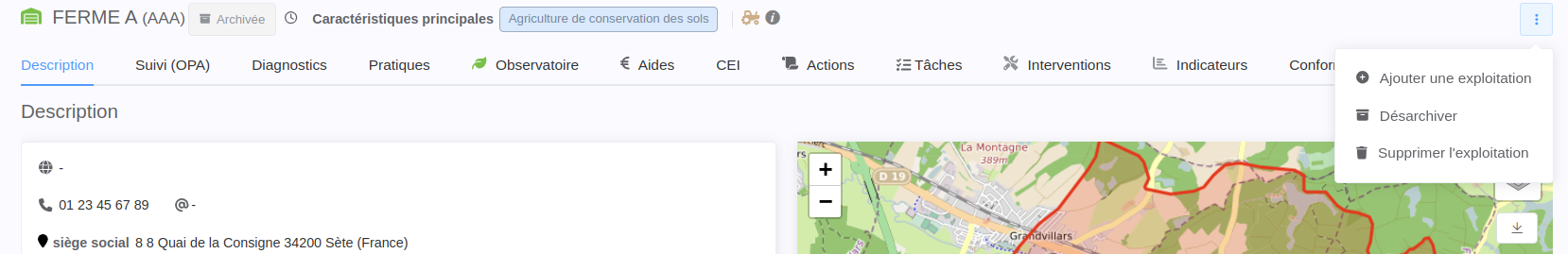 Bouton de désarchivage d'une exploitation