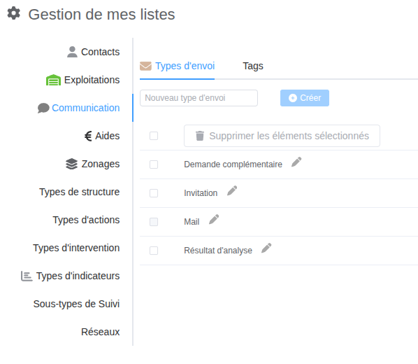 Types d'envois