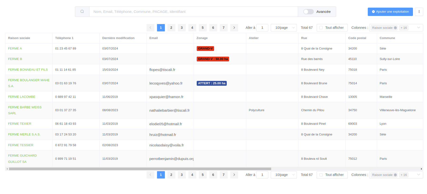 Liste des exploitations actives