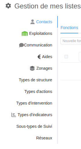 Menu de l'administration