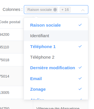 Sélecteur d'affichage des informations du tableau