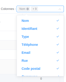 Sélecteur d'affichage des informations du tableau