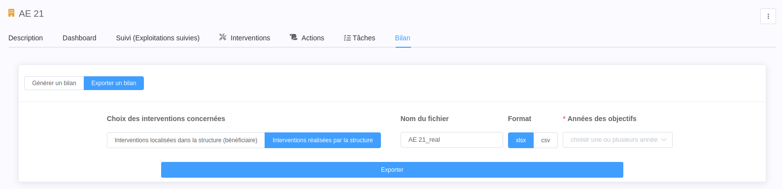 Onglet Bilan d'une structure