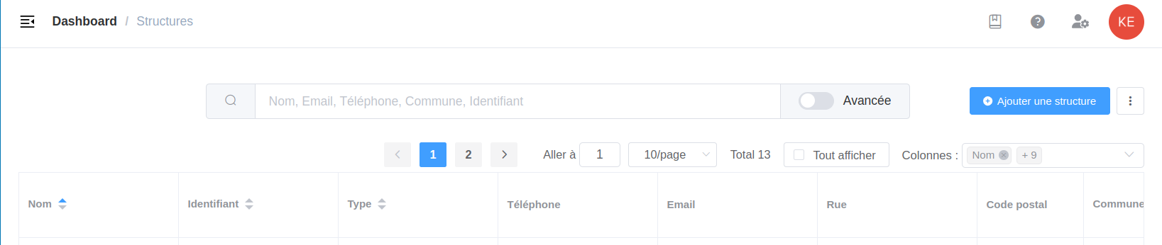 Bouton de création d'une structure depuis la liste