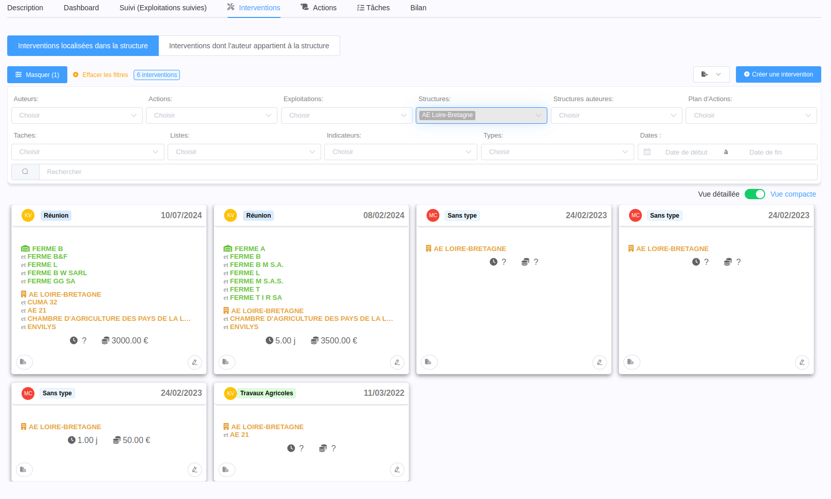 Onglet Interventions d'une structure