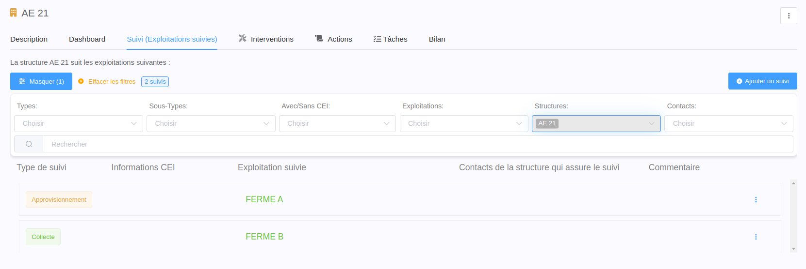 Onglet Suivi d'une structure