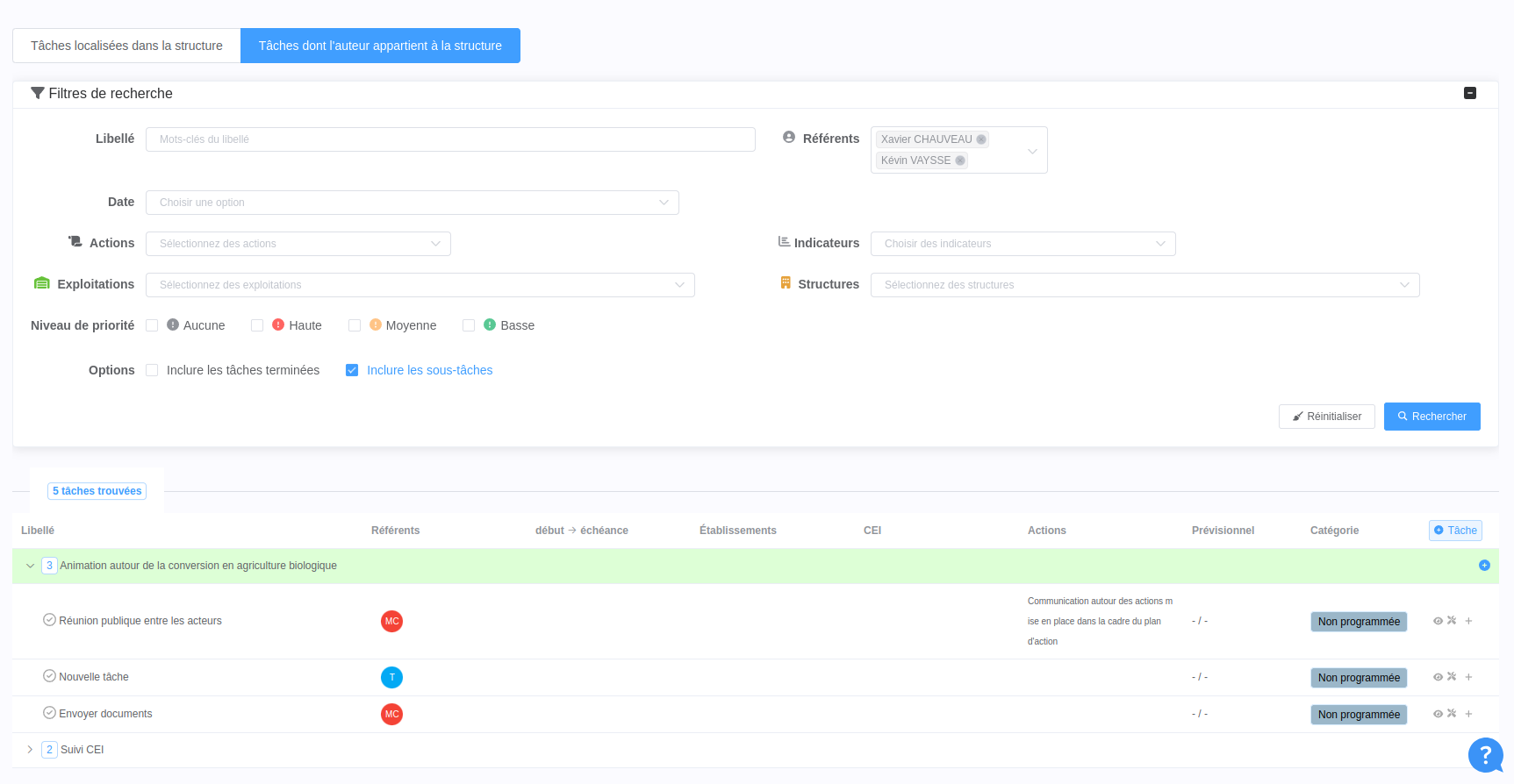 Onglet Tâches d'une structure