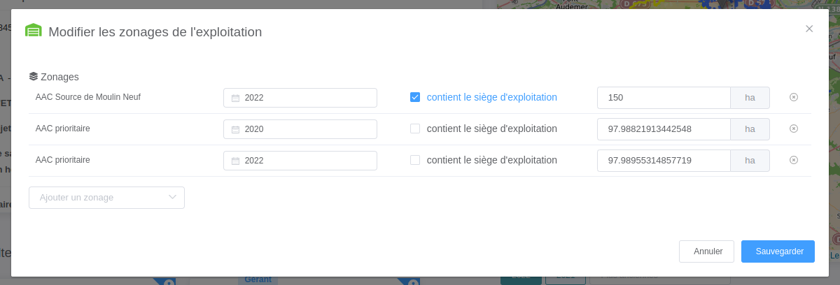 Formulaire de modification des zonages d'une exploitation